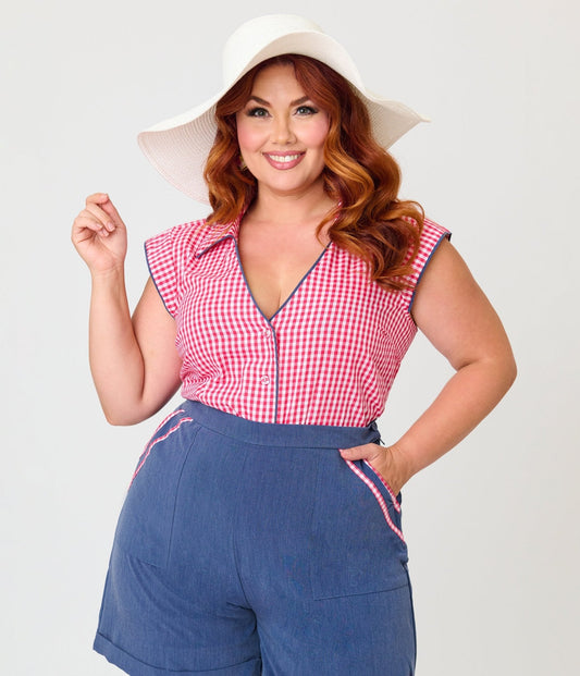 Unique Vintage Plus Size Hot Pink Gingham Cap Sleeve Top