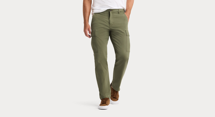 Front view of model wearing Camo Utility Cargo Pant, Straight Fit.