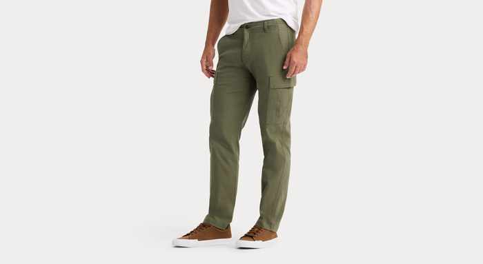 Side view of model wearing Camo Utility Cargo Pant, Straight Fit.