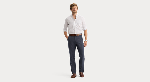 View of model wearing Harris India Ink Workday Khakis, Straight Fit.