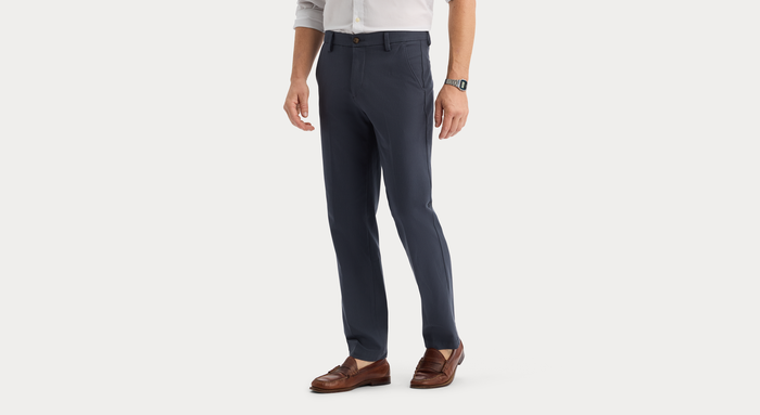 View of model wearing Harris India Ink Workday Khakis, Straight Fit.