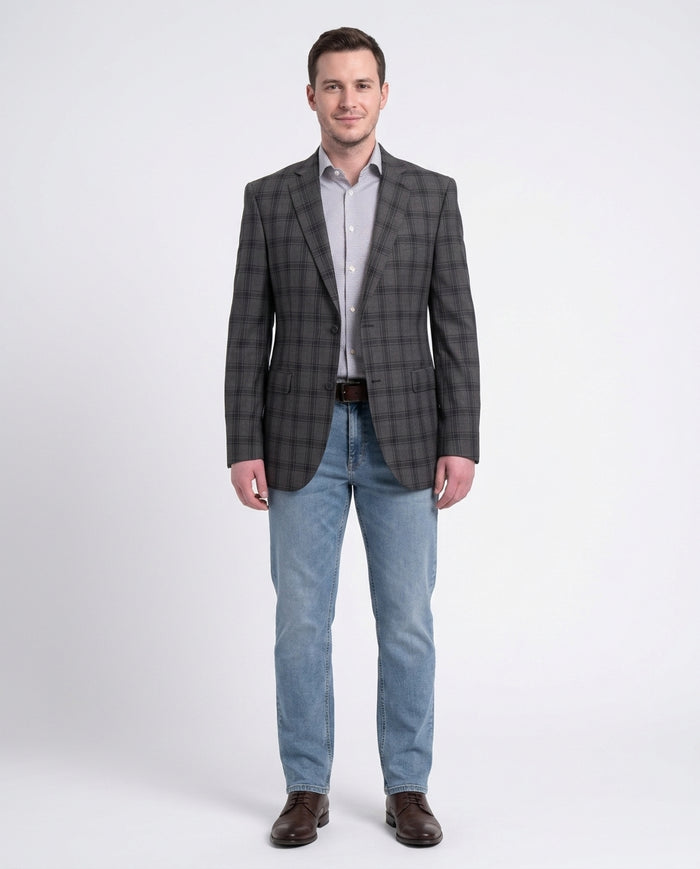 Zanetti Modern Fit Charcoal Gray Windowpane Two Button Wool Blazer Sportcoat - The Suit Depot