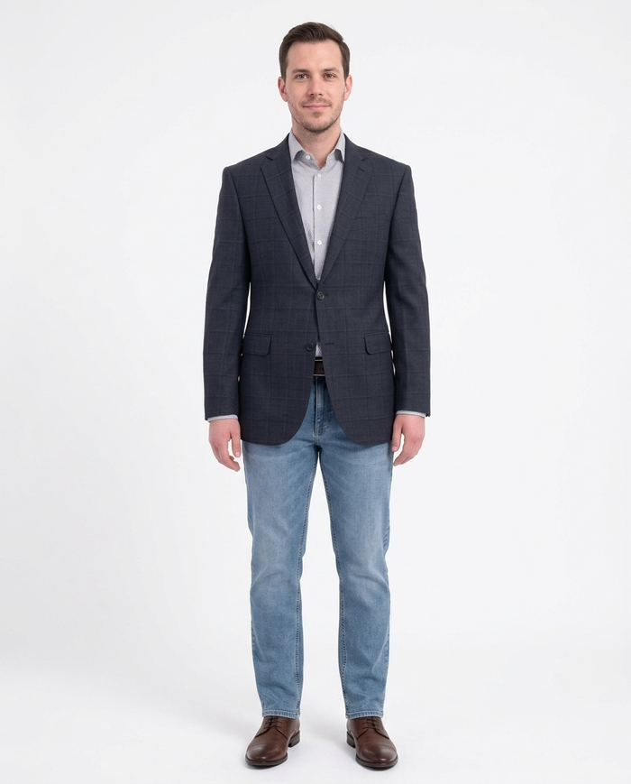 Zanetti Modern Fit Navy Blue Windowpane Two Button Wool Blazer Sportcoat - The Suit Depot