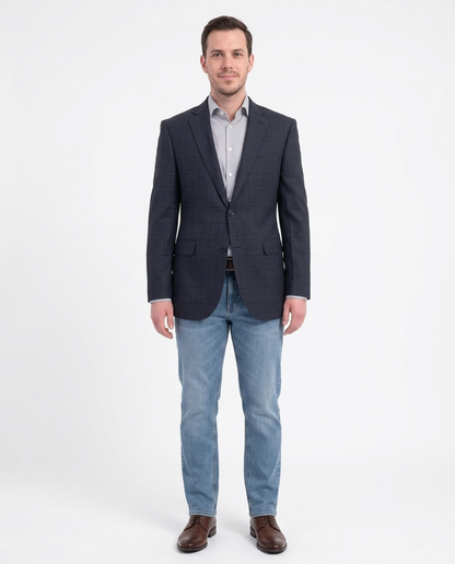 Zanetti Modern Fit Navy Blue Windowpane Two Button Wool Blazer Sportcoat - The Suit Depot