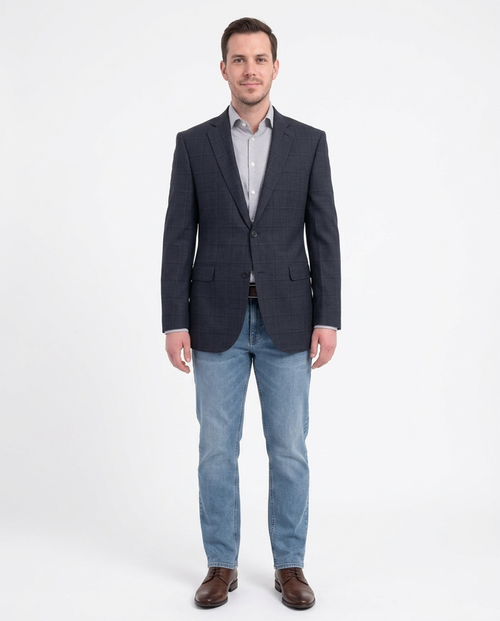 Zanetti Modern Fit Navy Blue Windowpane Two Button Wool Blazer Sportcoat - The Suit Depot