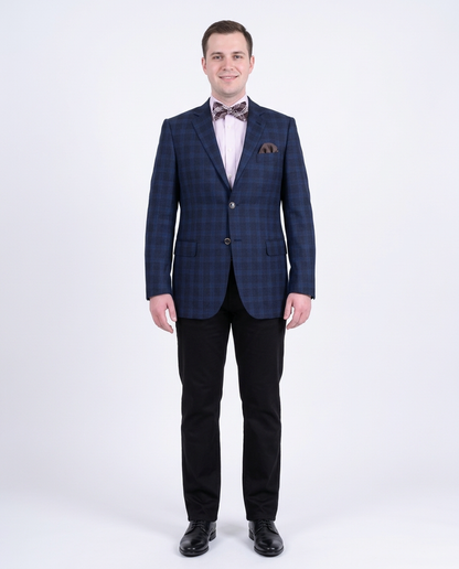 Zanetti Regular Fit Navy Blue Plaid Two Button Wool Blazer Sportcoat - The Suit Depot